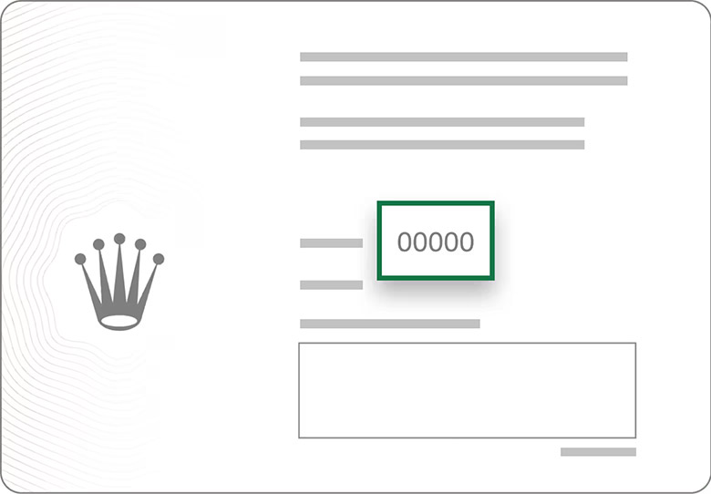 Illustration of a Rolex guarantee card showing where the reference number appears