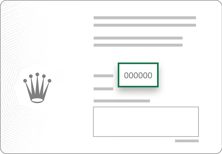 Illustration of a Rolex guarantee card showing where the reference number appears